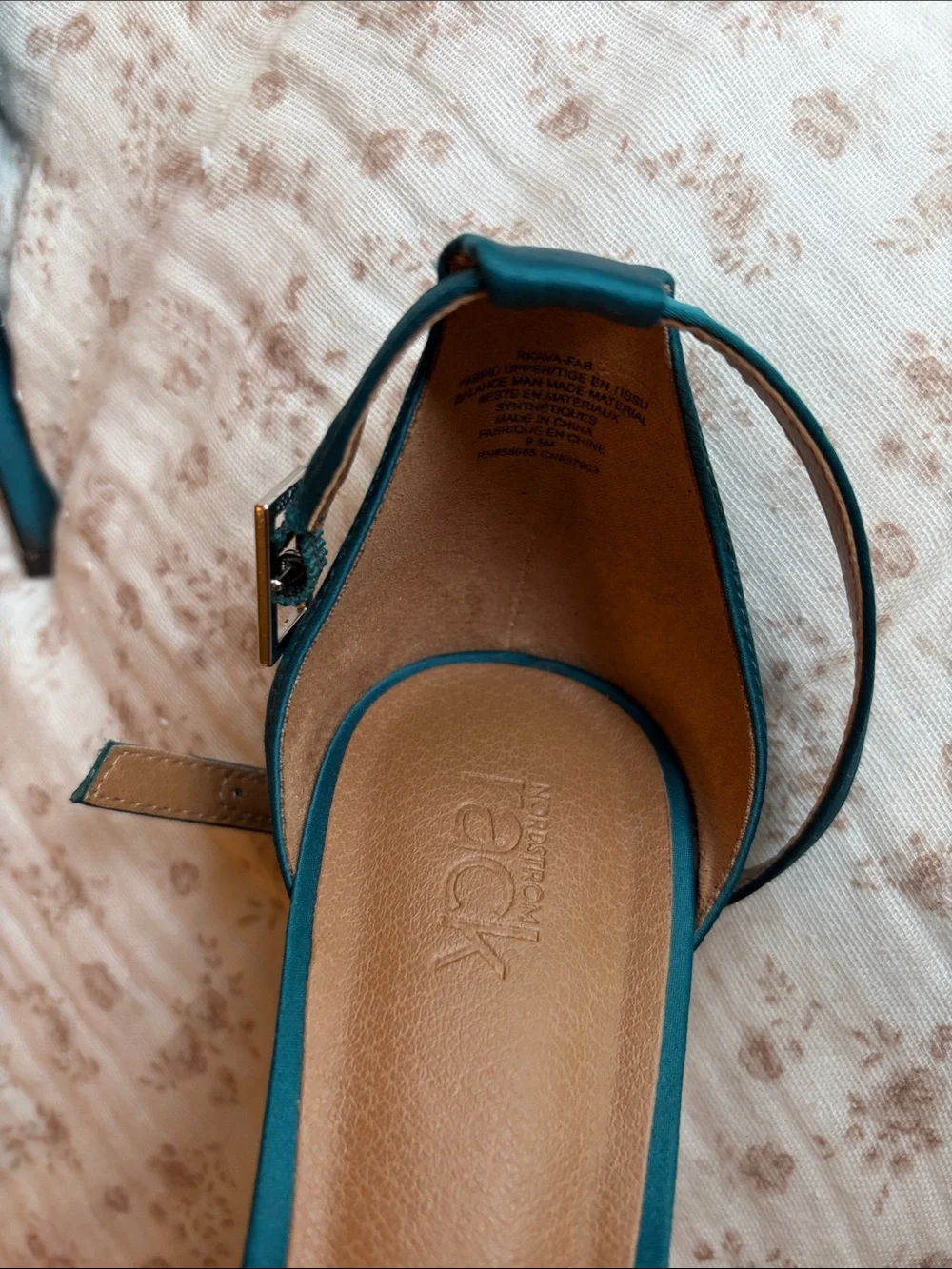 Teal Satin Ankle-Strap Evening Heels with Crystal Accent